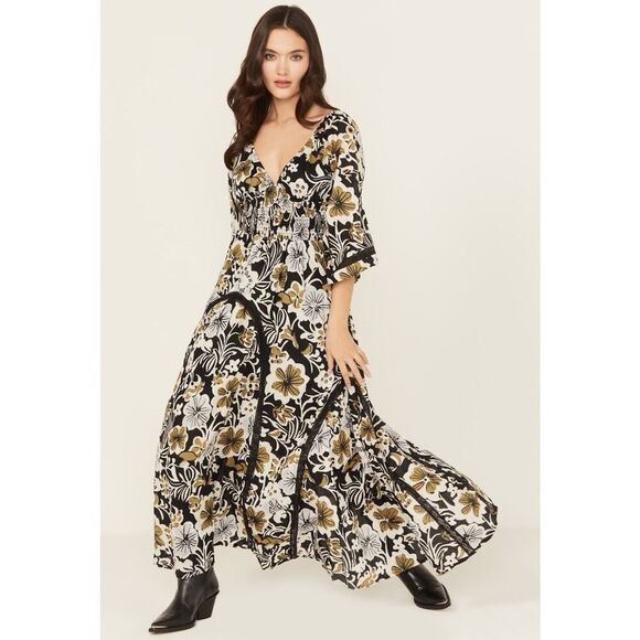 NWT Free People Dixie Floral Maxi Dress Black White Gold S 100% Cotton Boho  Fall
